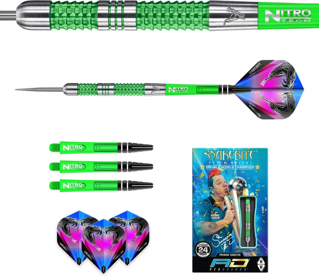 Red Dragon Peter Wright Snakebite Mamba Dartpijlen 3 Stuks - Groen/Zilver - afbeelding 6 van 6
