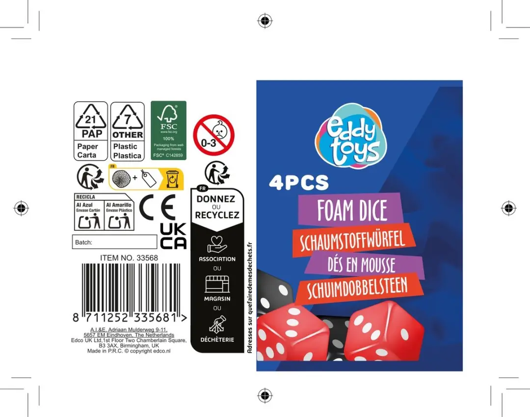 Eddy Toys Foam Dice 3,8cm - 4 Stuks - Blauw - afbeelding 5 van 6