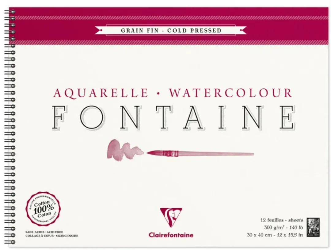 Clairefontaine Aquarelblok Fontaine Fijne Korrel 300g - 12 Blad 24x30cm Spiraal