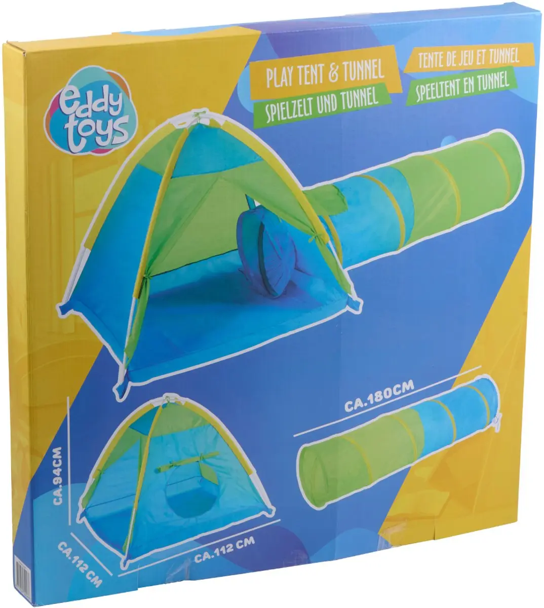 Eddy Toys Speeltent met Tunnel 112x112x94cm - 180cm - Blauw/Geel/ Groen