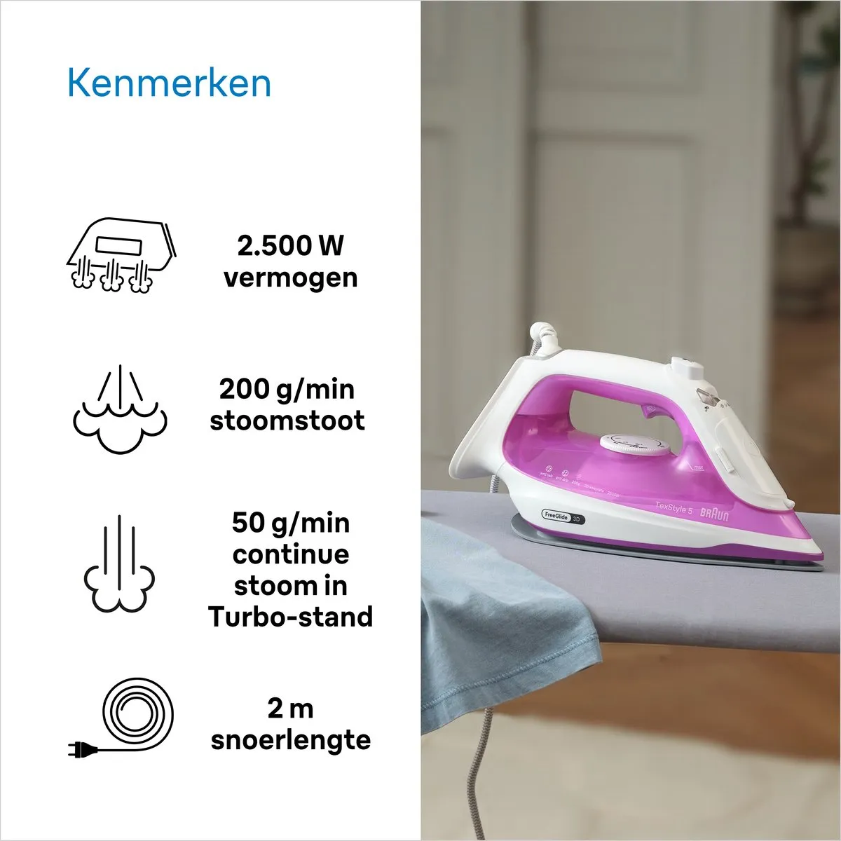 Braun TexStyle 5 SI5225PU Stoomstrijkijzer - 2500W - 300ml - Paars - afbeelding 6 van 6