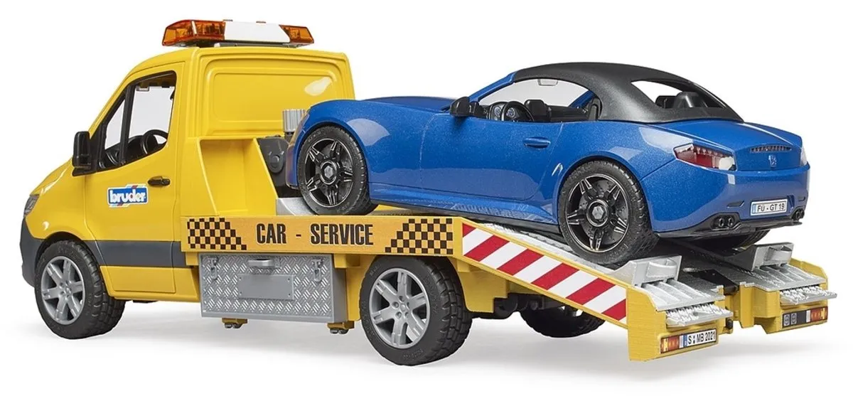 Bruder Mercedes-Benz Transporter met Roadster 2675 - Geel & Blauw