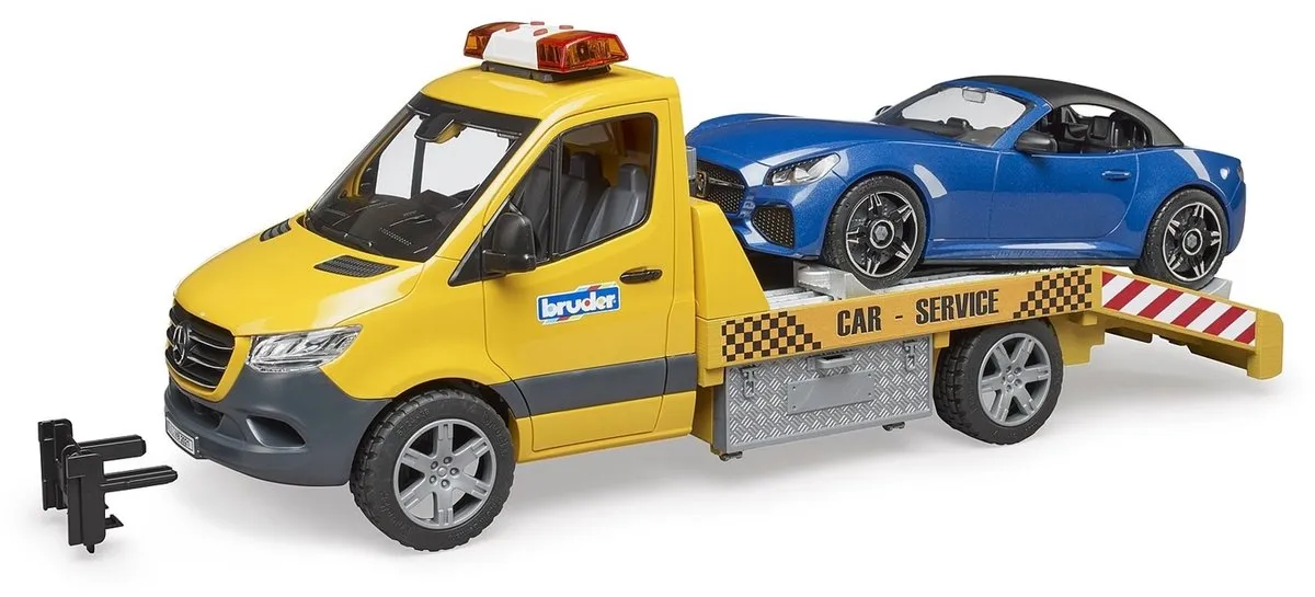 Bruder Mercedes-Benz Transporter met Roadster 2675 - Geel & Blauw