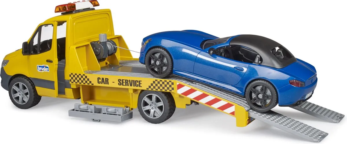 Bruder Mercedes-Benz Transporter met Roadster 2675 - Geel & Blauw