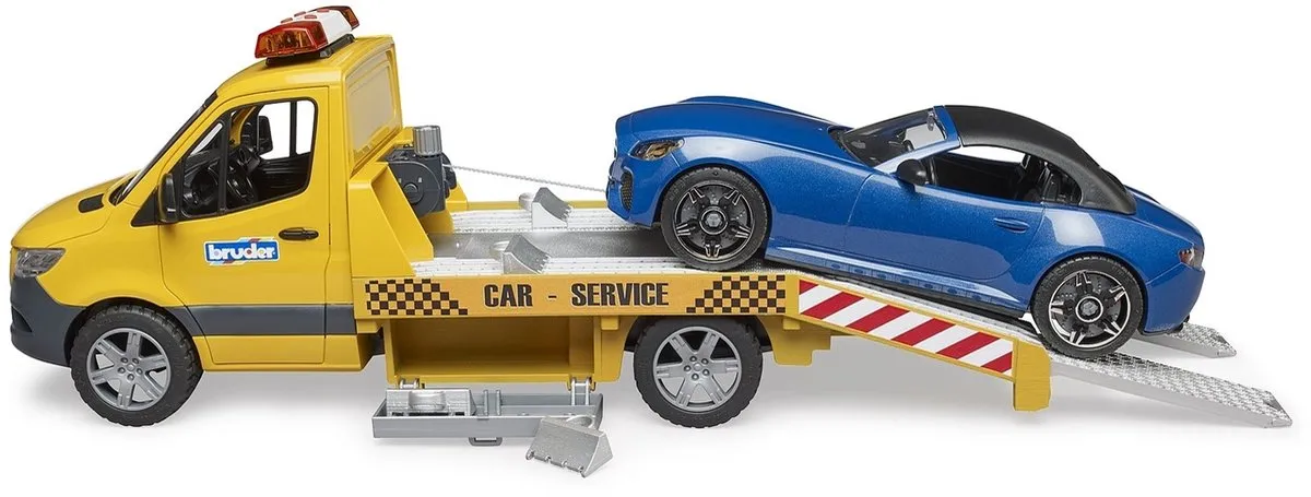 Bruder Mercedes-Benz Transporter met Roadster 2675 - Geel & Blauw - afbeelding 6 van 6