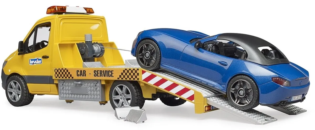 Bruder Mercedes-Benz Transporter met Roadster 2675 - Geel & Blauw