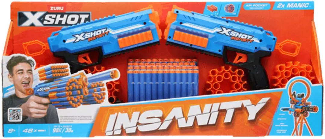 ZURU XSHOT Insanity Manic Dubbelpakket - 2 Blasters - 4 Magazijnen - 48 Foampijltjes