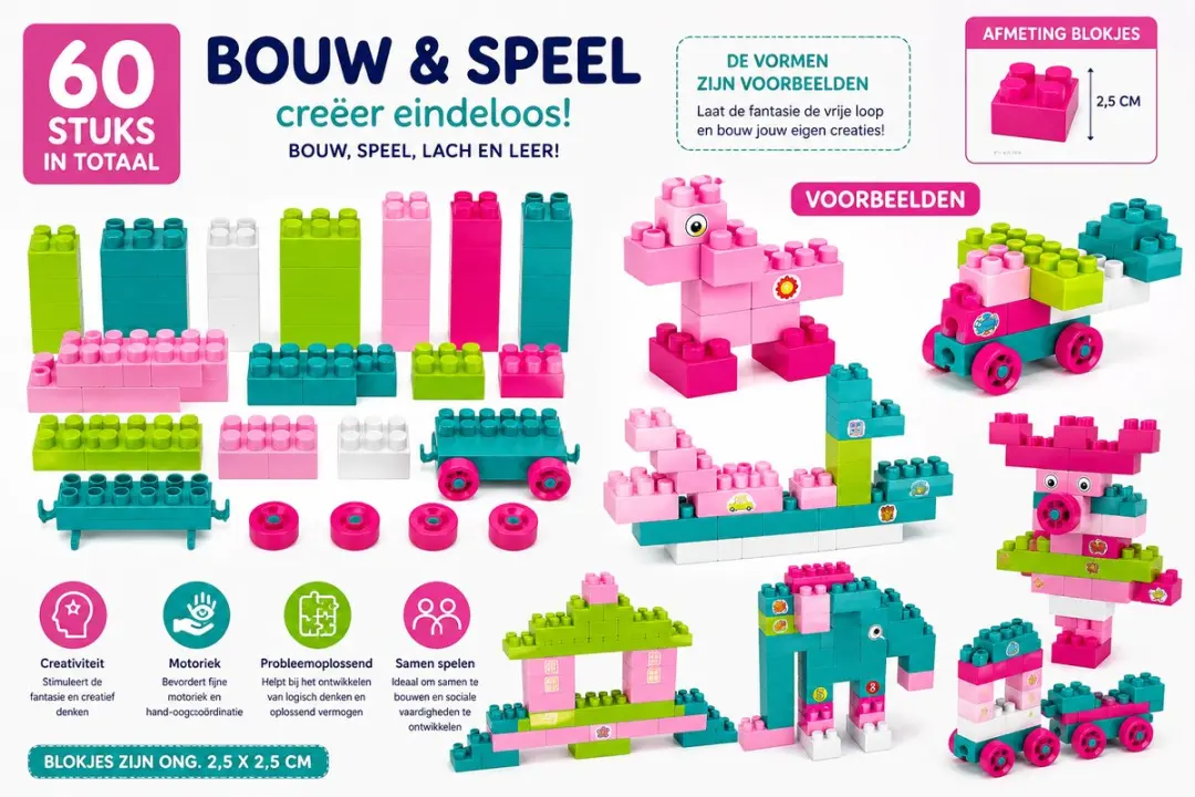 YJ Toys Bouwblokken 60 Stuks - Roze Rugtasje