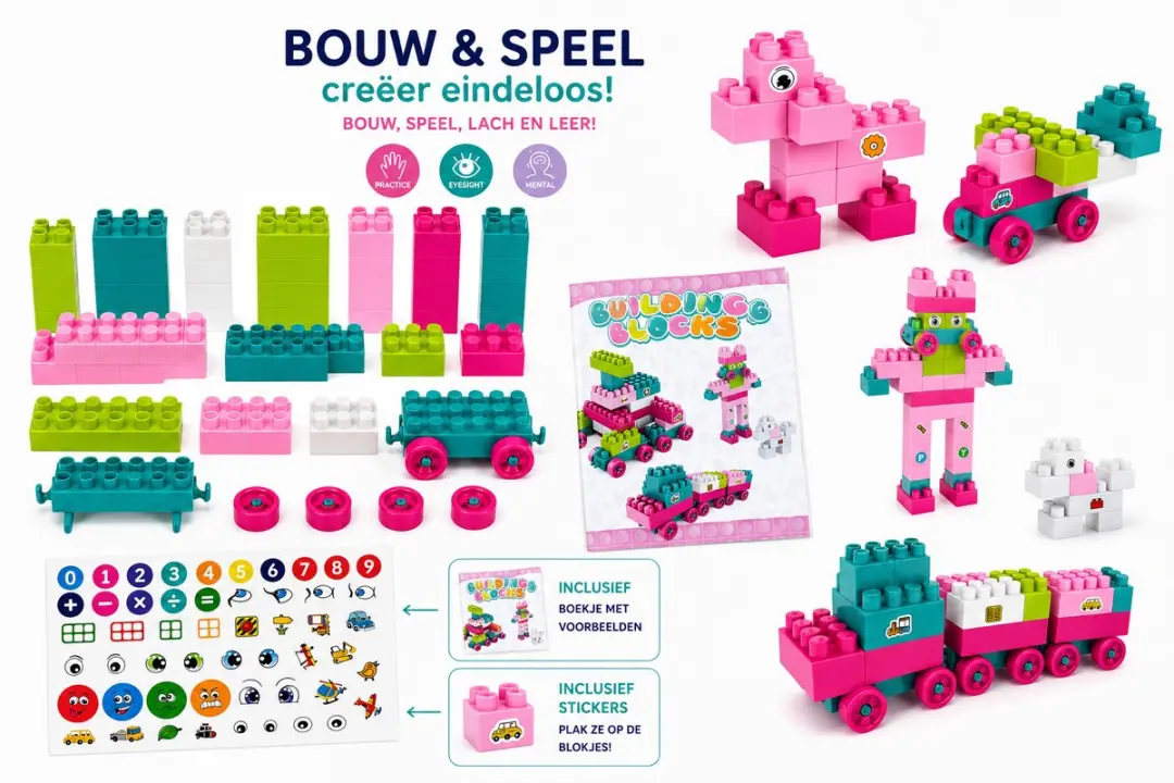 YJ Toys Bouwblokken 60 Stuks - Roze Rugtasje