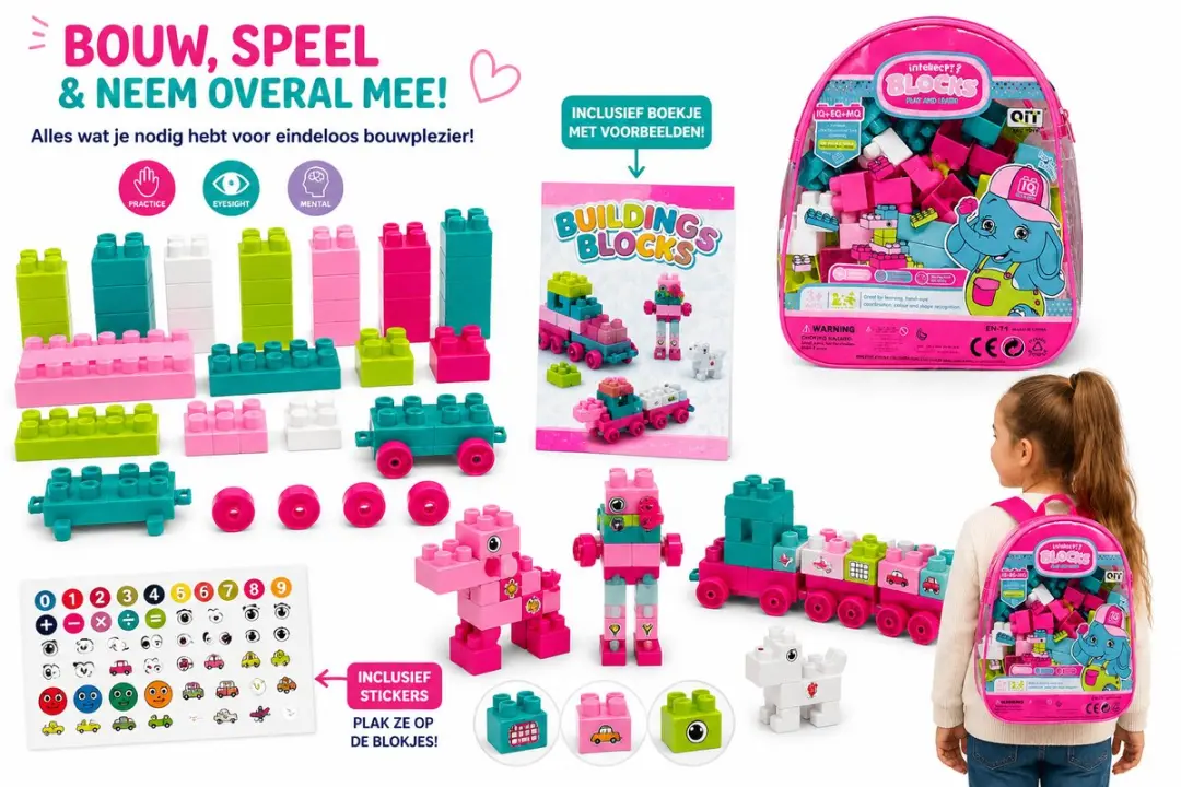 YJ Toys Bouwblokken 60 Stuks - Roze Rugtasje