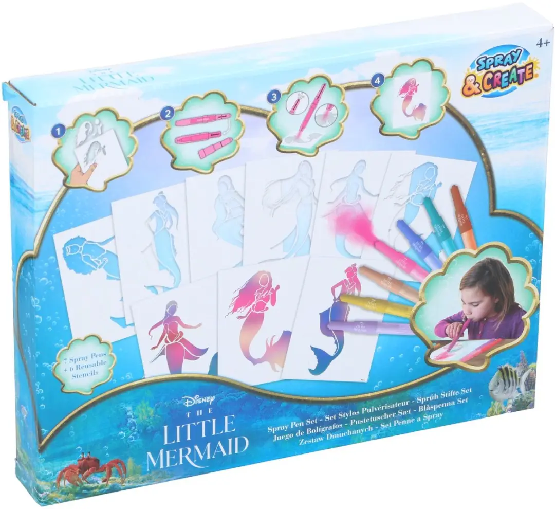 Disney Little Mermaid Spraypen Set - 7 Pennen + 6 Sjablonen - Meerkleurig