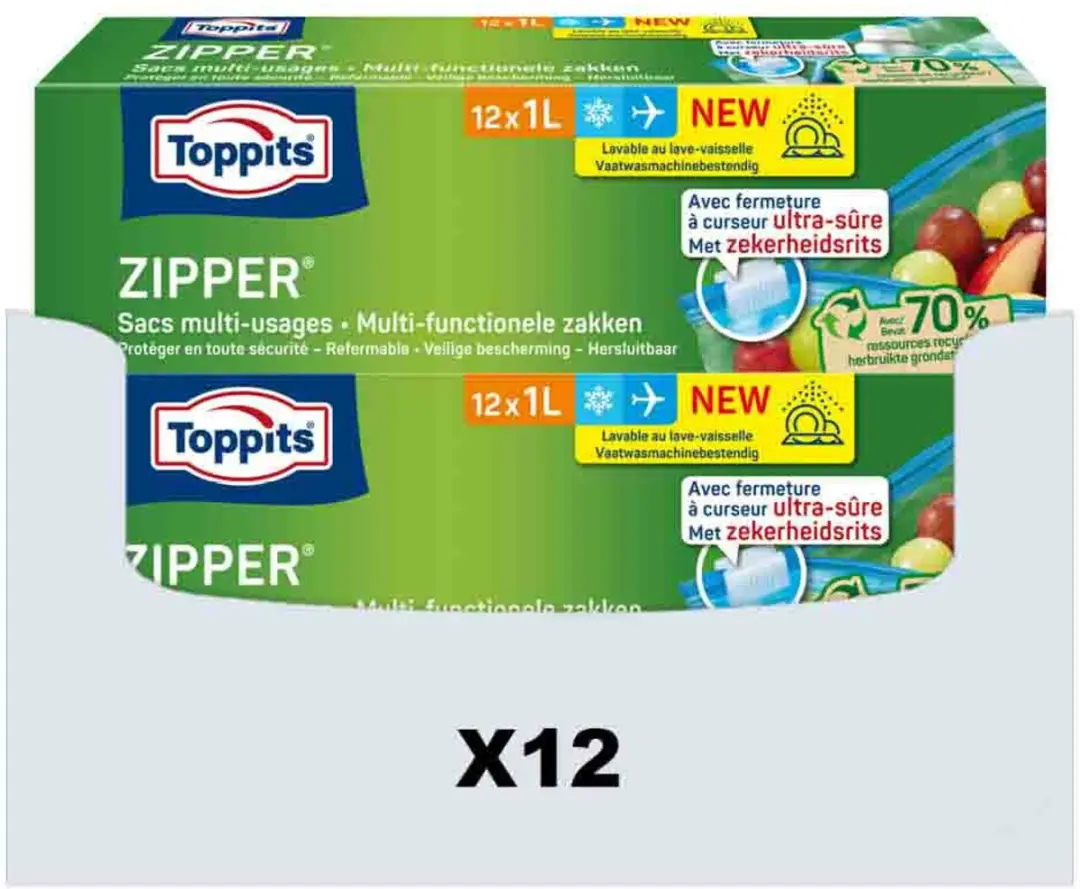 Toppits Zipper Multi-Functionele Zakken 1L - 12x12 Stuks