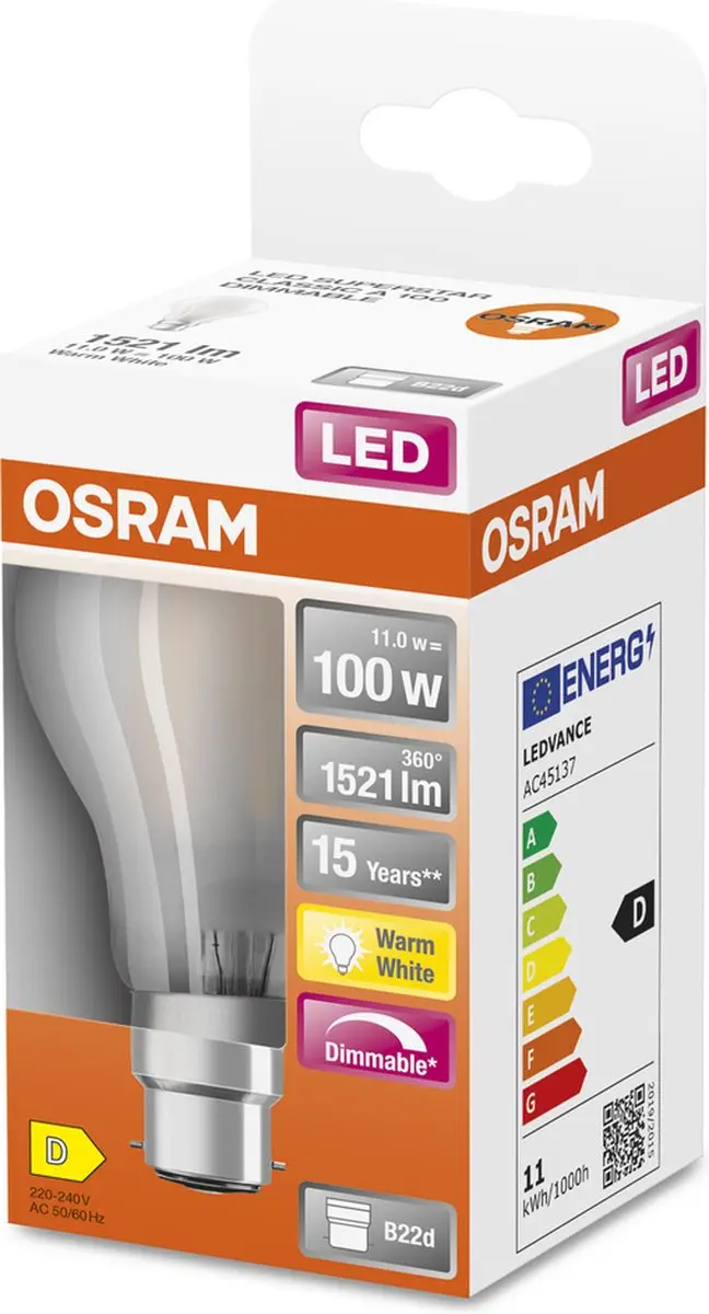 Osram Retrofit Classic LED B22d Peer Mat 11W 1521lm - 827 Zeer Warm Wit - afbeelding 4 van 6
