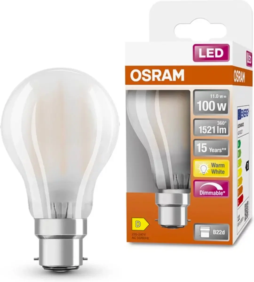 Osram Retrofit Classic LED B22d Peer Mat 11W 1521lm - 827 Zeer Warm Wit - afbeelding 6 van 6