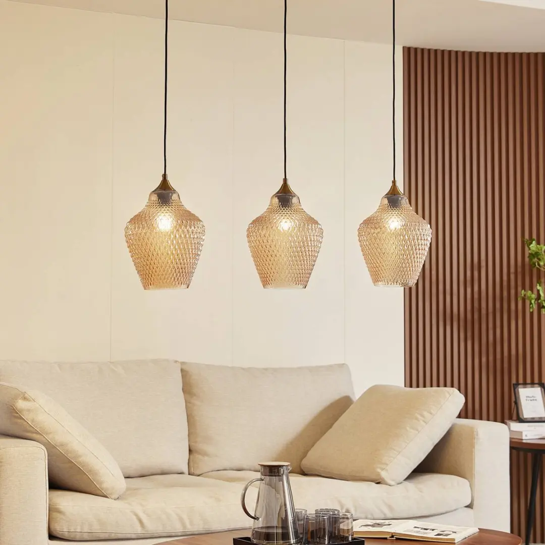 Lindby Hanglamp 3-lichts Glas Metaal 32cm E27 Amber Goud - afbeelding 2 van 6