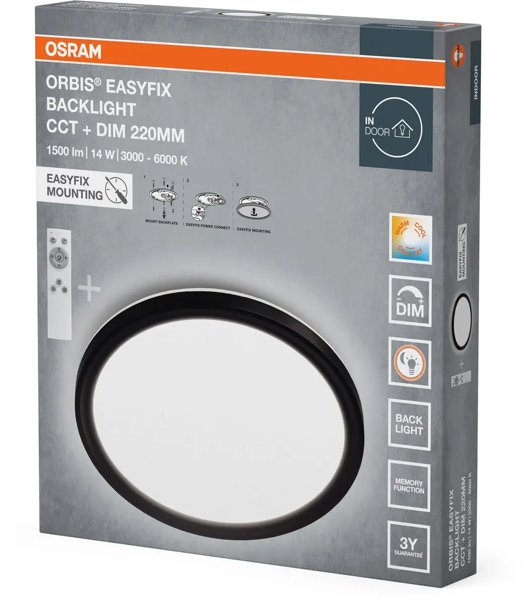 Osram Orbis Easyfix 220mm Plafondlamp - 14W CCT Zwart - 950 Lm - afbeelding 3 van 6