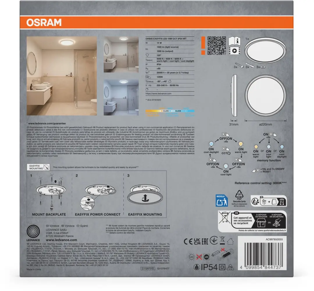 Osram Orbis Easyfix 220mm Plafondlamp - 14W Wit - 3000K/4000K/6000K - afbeelding 5 van 6
