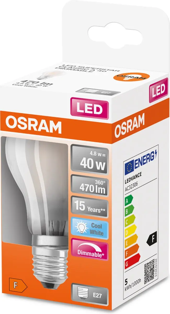 Osram LED E27 Peer 5W - 4000K Koelwit - afbeelding 6 van 6