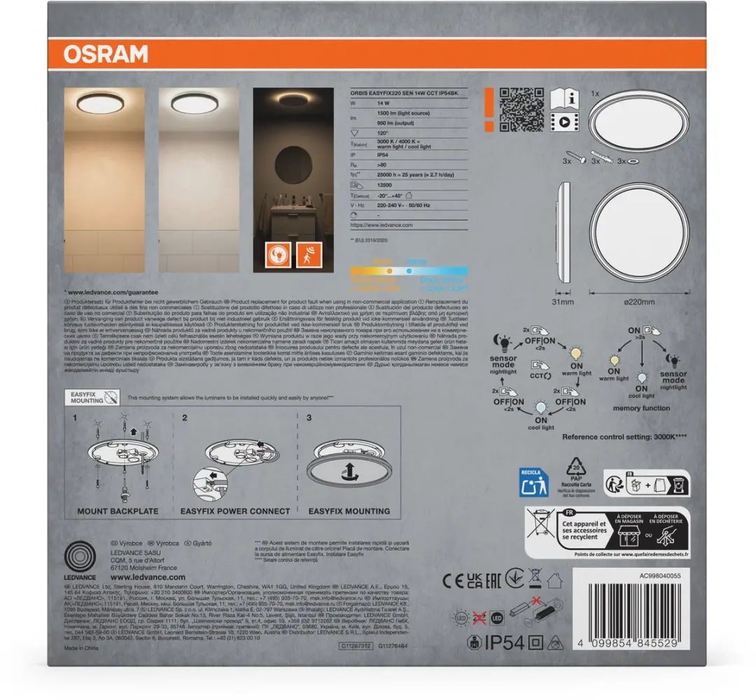 Osram Orbis Easyfix Sensor 220mm LED Plafondlamp - 14W 950lm - Zwart - afbeelding 4 van 4