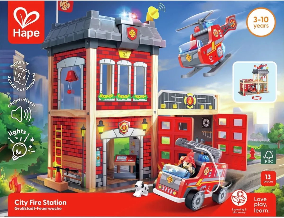 Hape Houten Brandweerkazerne E3023 - Veelkleurig