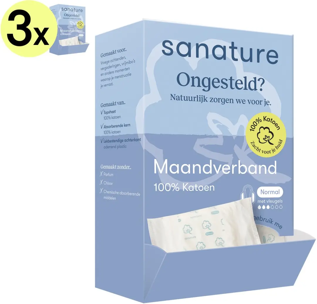 Sanature Dispenser Katoenen Maandverband - 3x60 Stuks - Blauw/Wit
