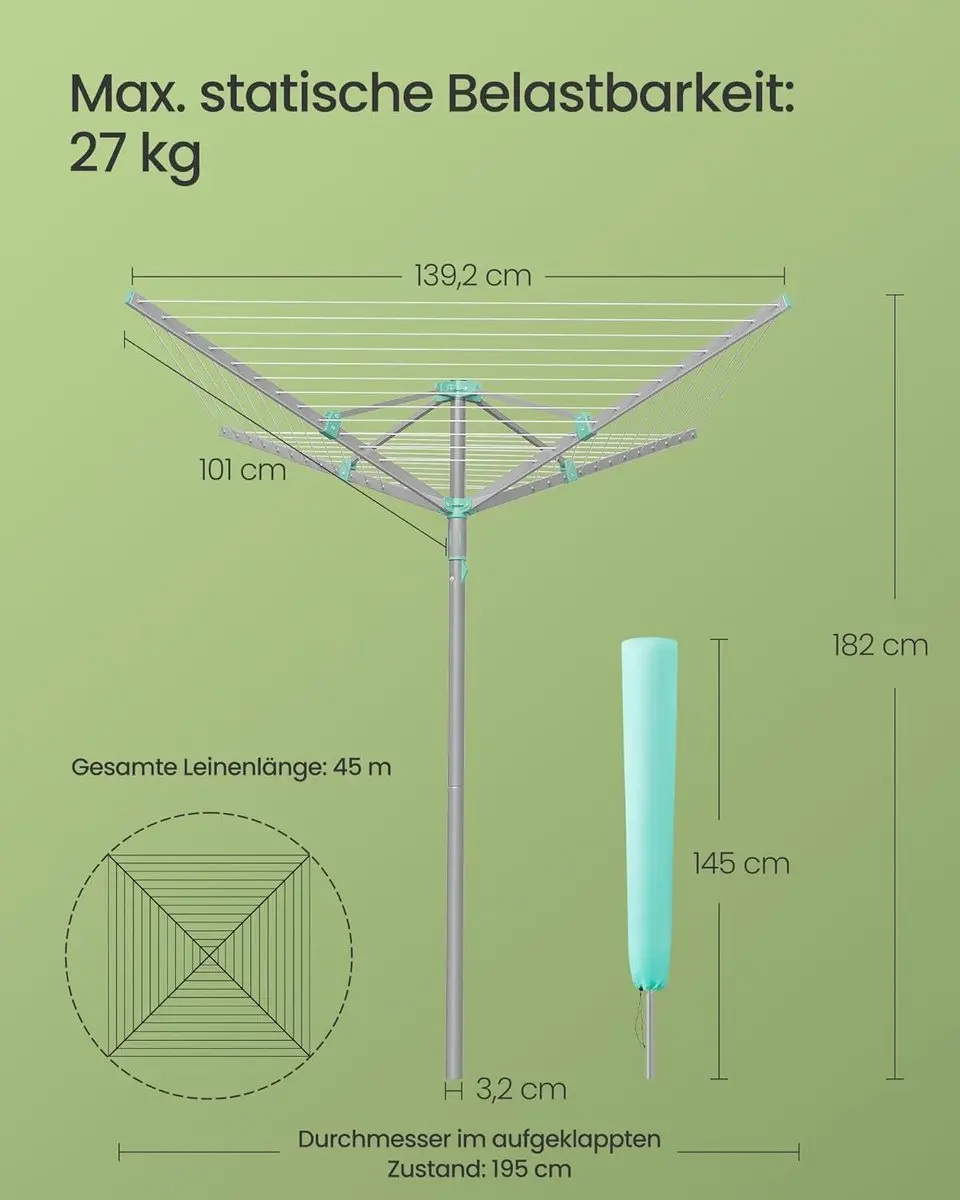 SONGMICS Waslijn, draaibaar, inklapbaar, 45 m waslijn
