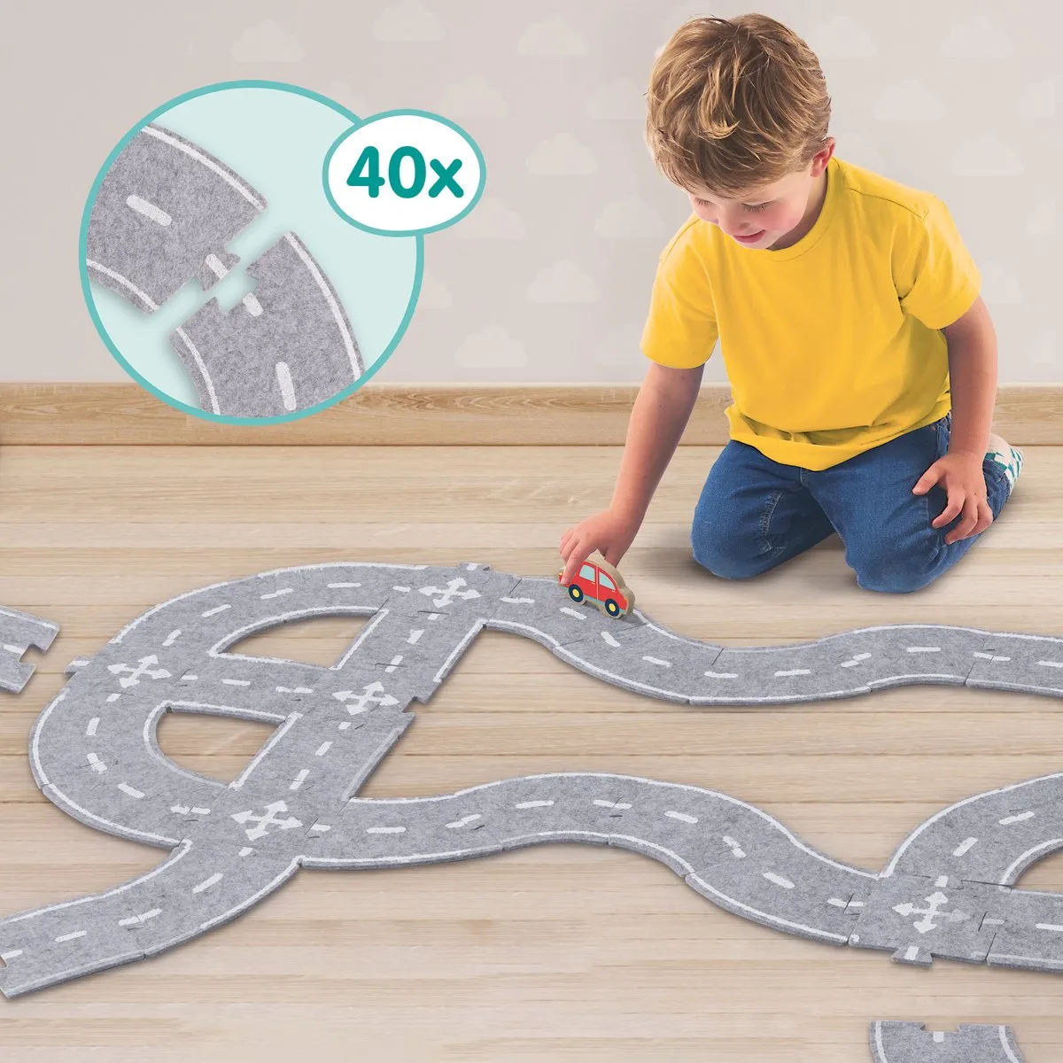 SES Creative Tiny Talents Vilten Wegenbouw 40 Stuks - Speelset met Houten Auto
