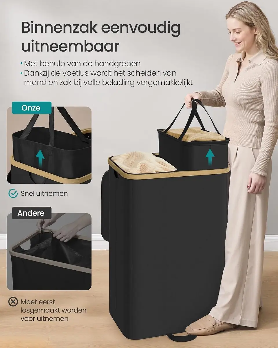 Songmics Wasmand met deksel 150L - 2 vakken Bamboe