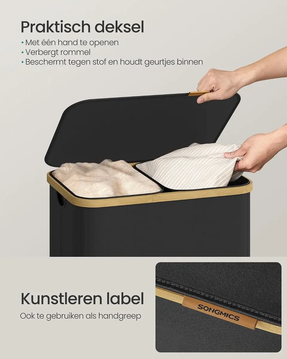 Songmics Wasmand met deksel 150L - 2 vakken Bamboe