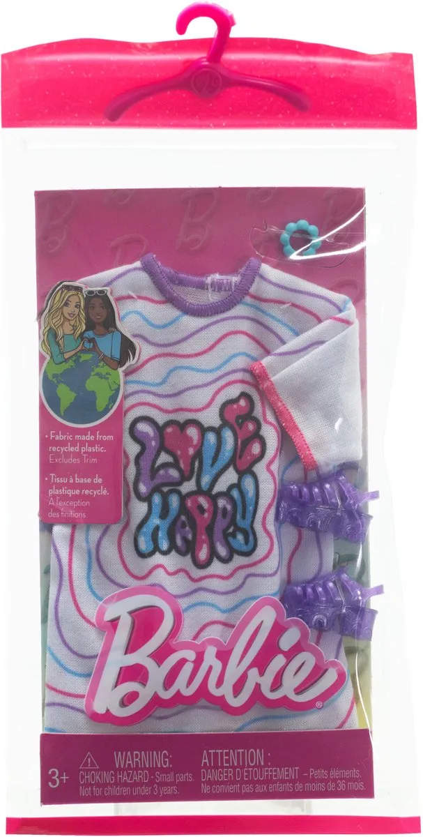 Barbie HRH38 Outfit - Oversized wit shirt met paarse schoenen