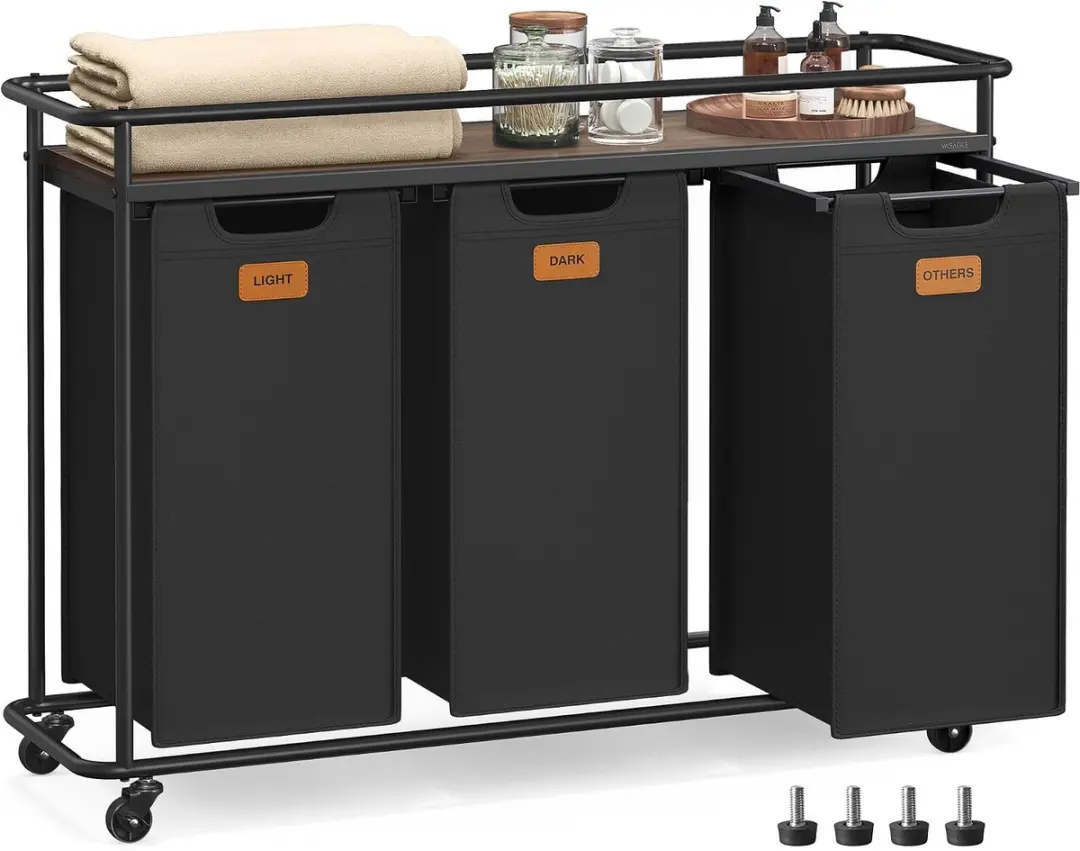 Songmics Wasmand met wielen 3 vakken 150L