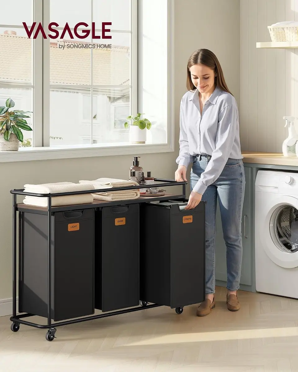 Songmics Wasmand met wielen 3 vakken 150L