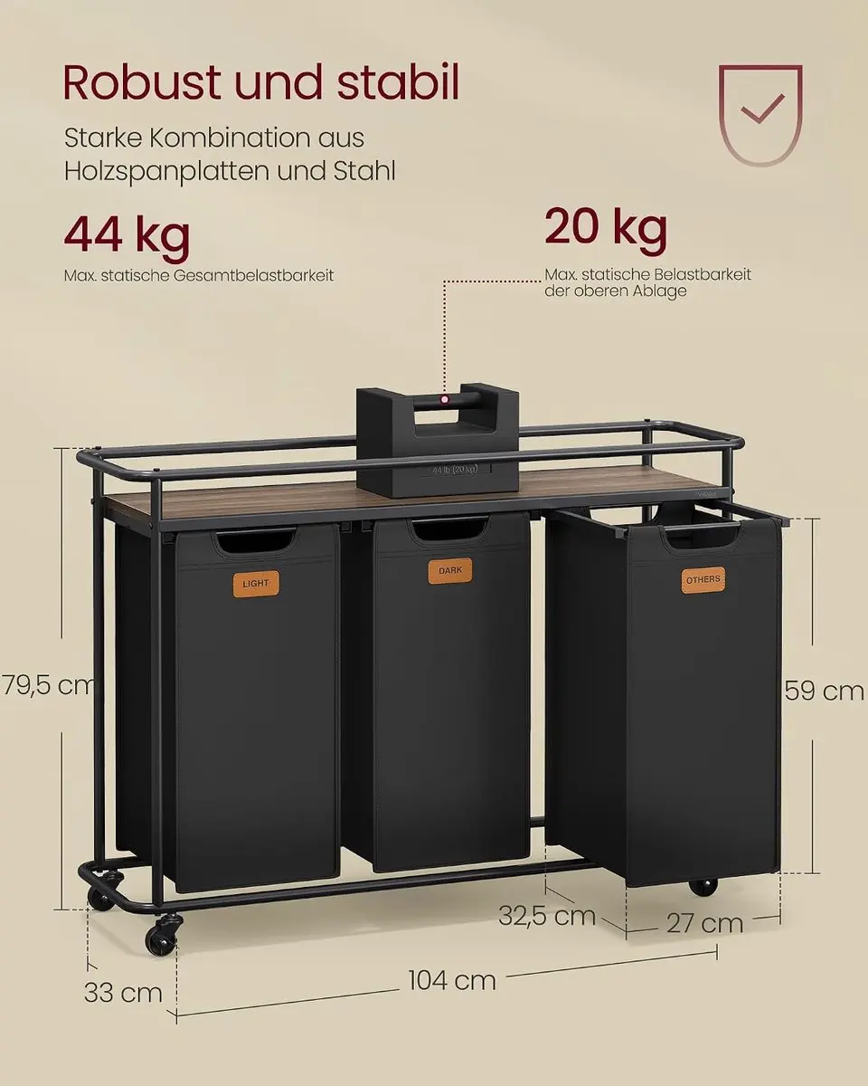 Songmics Wasmand met wielen 3 vakken 150L