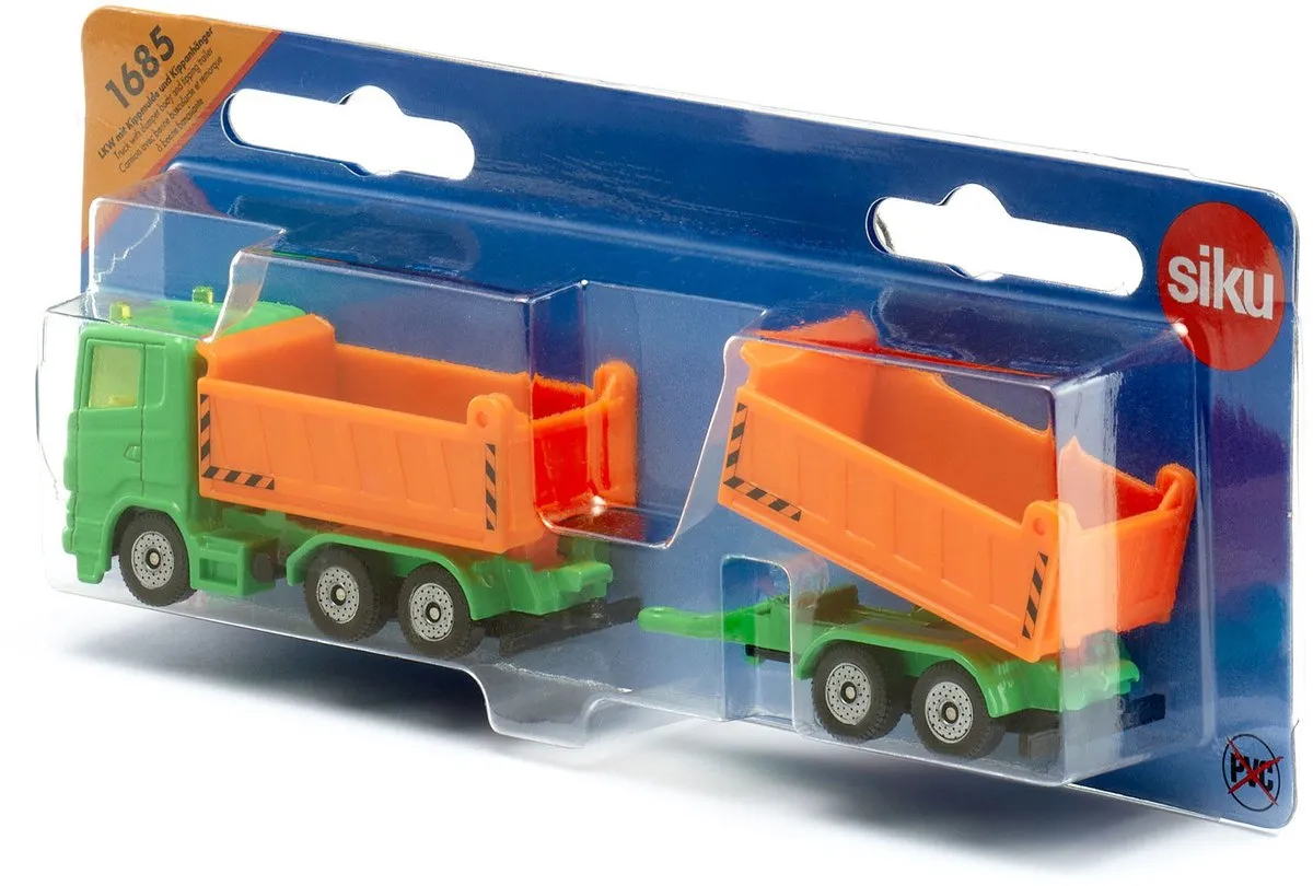 SIKU 1685 Vrachtwagen met Kantelbak en Kantelaanhanger - Groen/Oranje