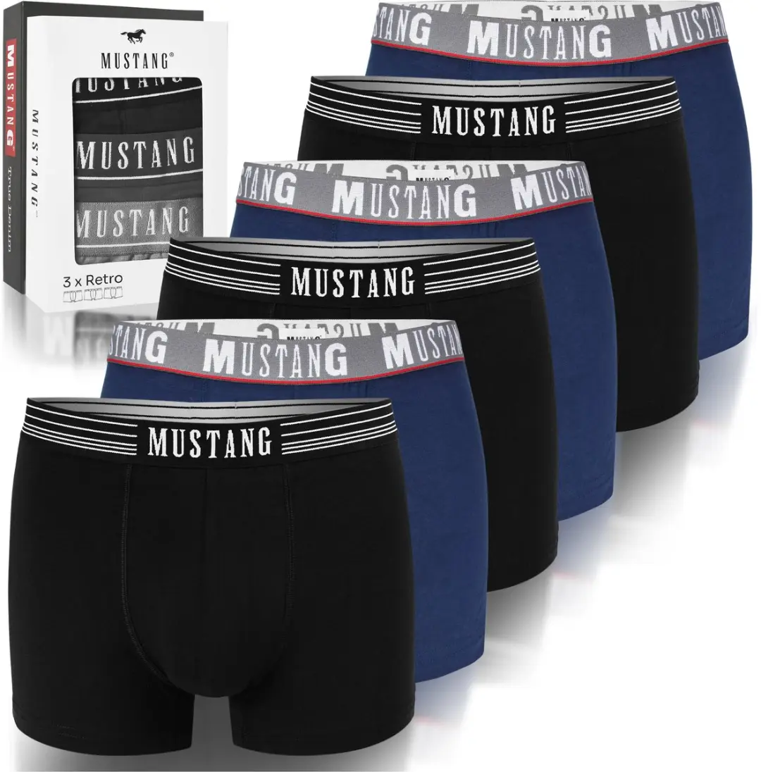 Mustang Bokser - Zwart/Blauw - 6 Stuks