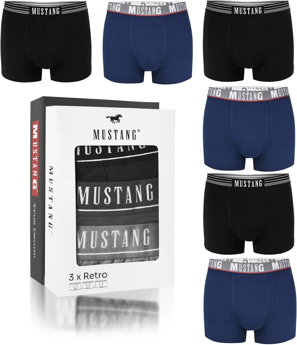 Mustang Bokser - Zwart/Blauw - 6 Stuks