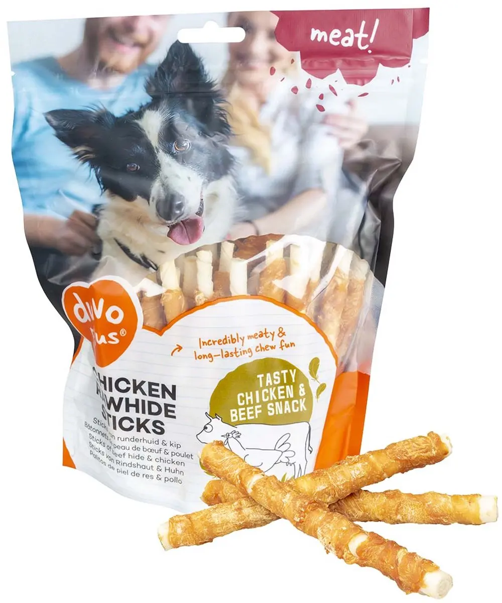 DuvoPlus Meat! Snack Kip & Runderhuid Sticks voor Honden 1kg