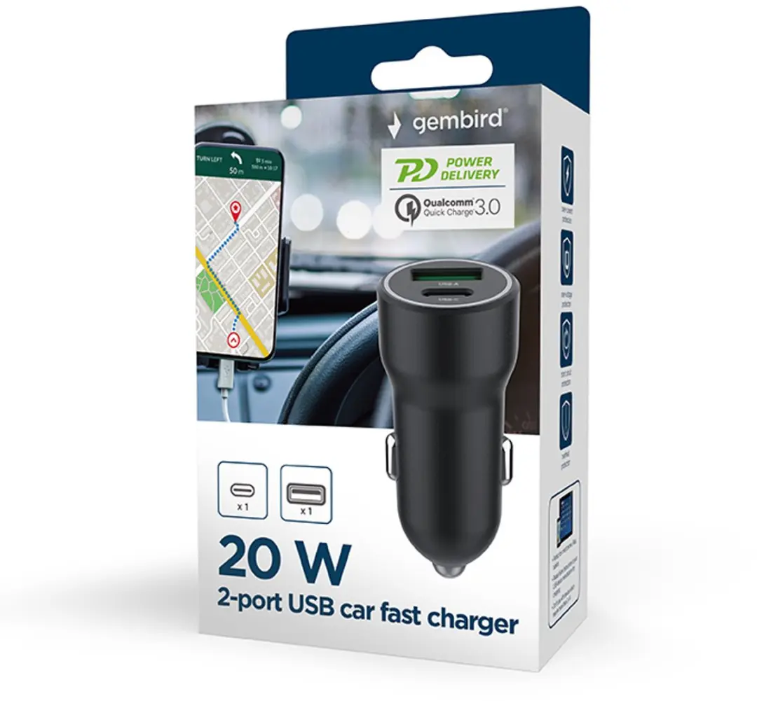 Gembird TA-UC-A2PDQC20-CAR-01 Auto Oplader 20W - 2x USB - Zwart