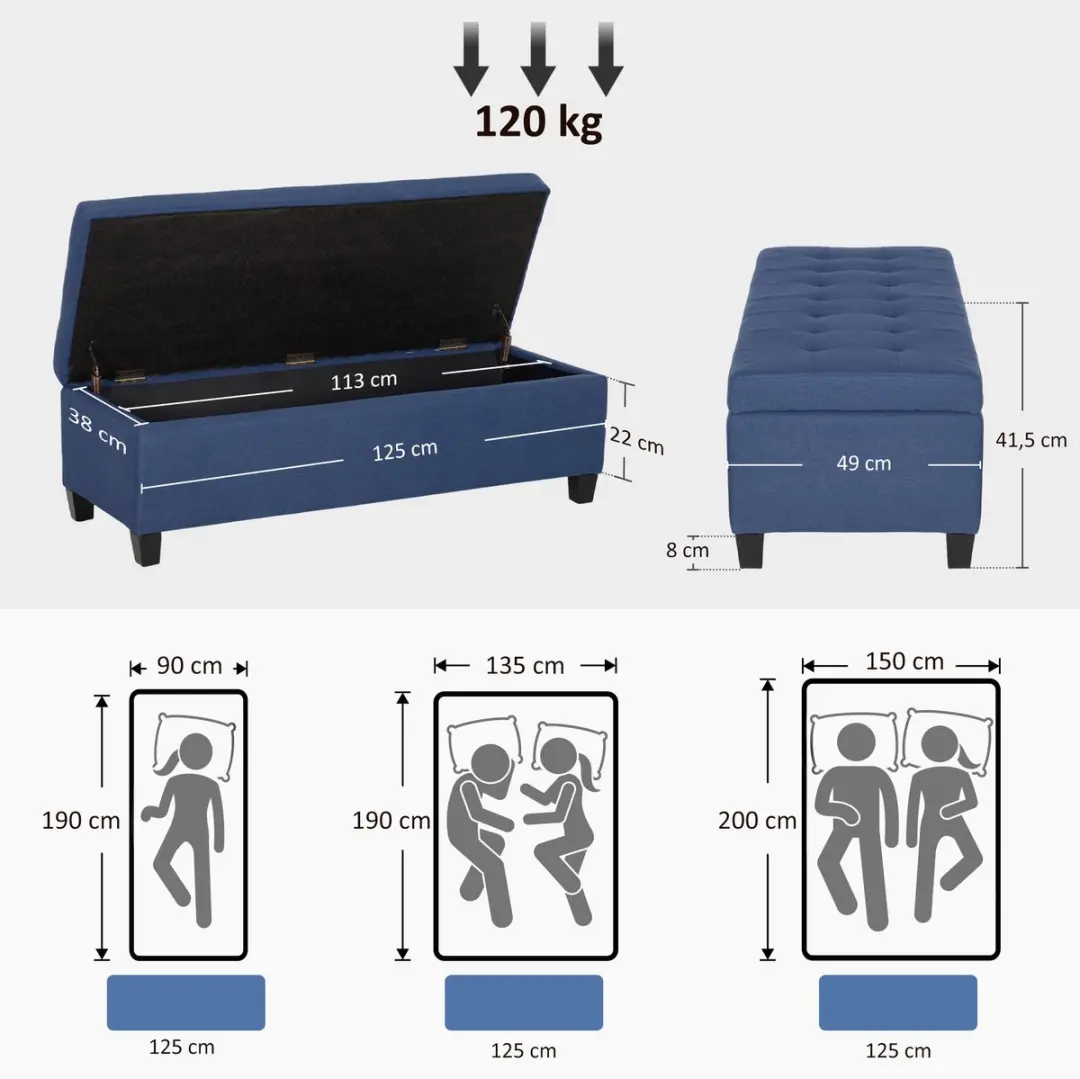 Homcom Opbergottoman Blauw 125L - Eucalyptushout