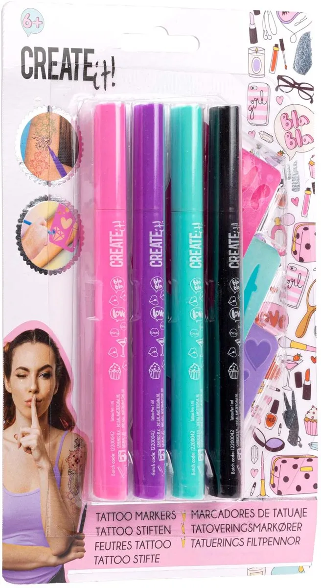 Clementoni Create it! Beauty Tattoo Pen - 4 Stuks Multicolor