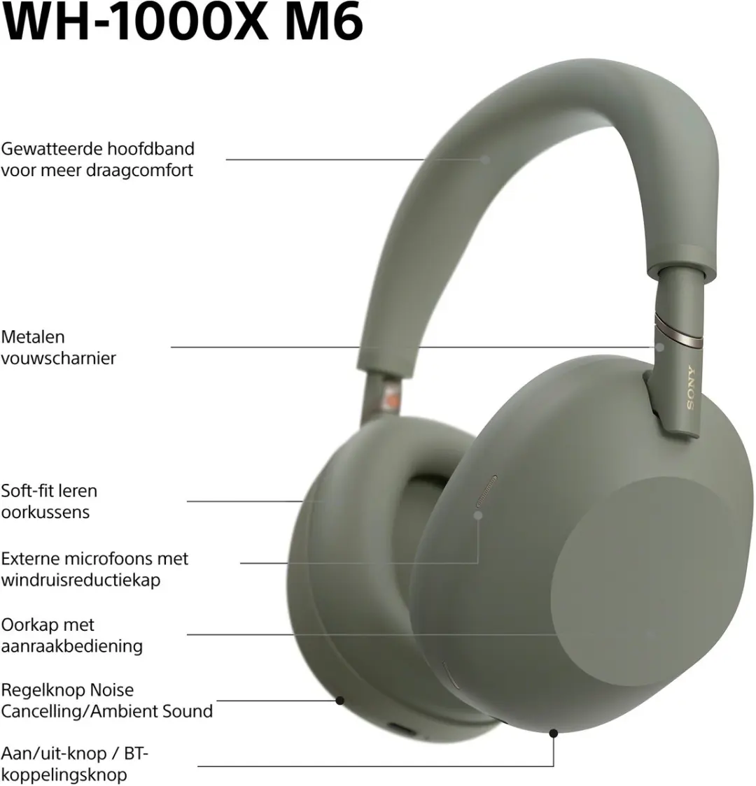 Sony WH-1000XM6 Noise Cancelling Koptelefoon - Olijfgroen - afbeelding 6 van 6