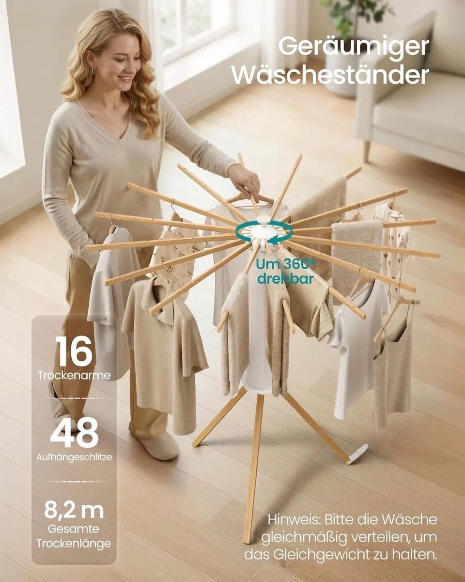 Songmics LLR530YW01 Opvouwbaar Wasrek - 16 Armen - Natuurlijk