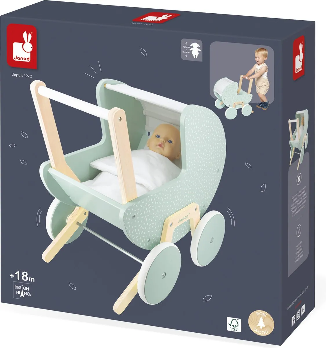 Janod Zen Poppenwagen - Hout - 42cm - 18+ maanden