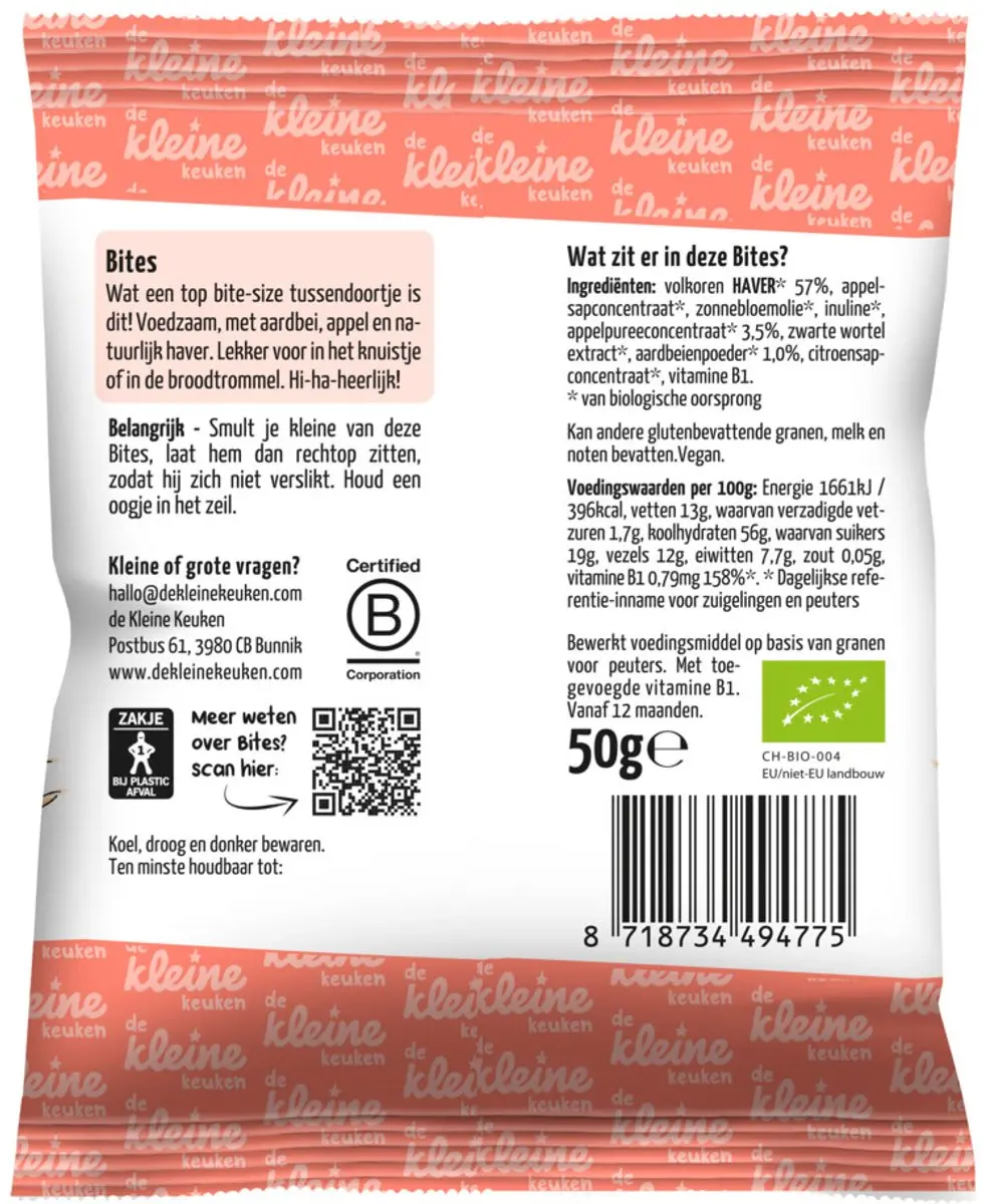 De Kleine Keuken Bio Bites Haver & Aardbei - 200g