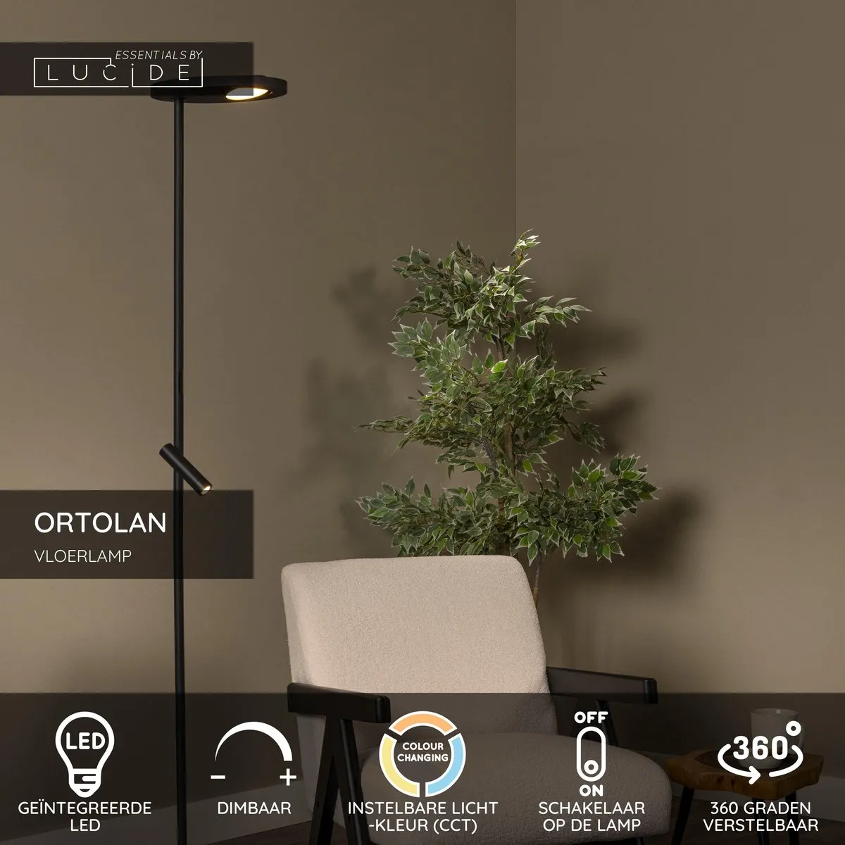 Lucide Ortolan LED Vloerlamp 12W - Zwart