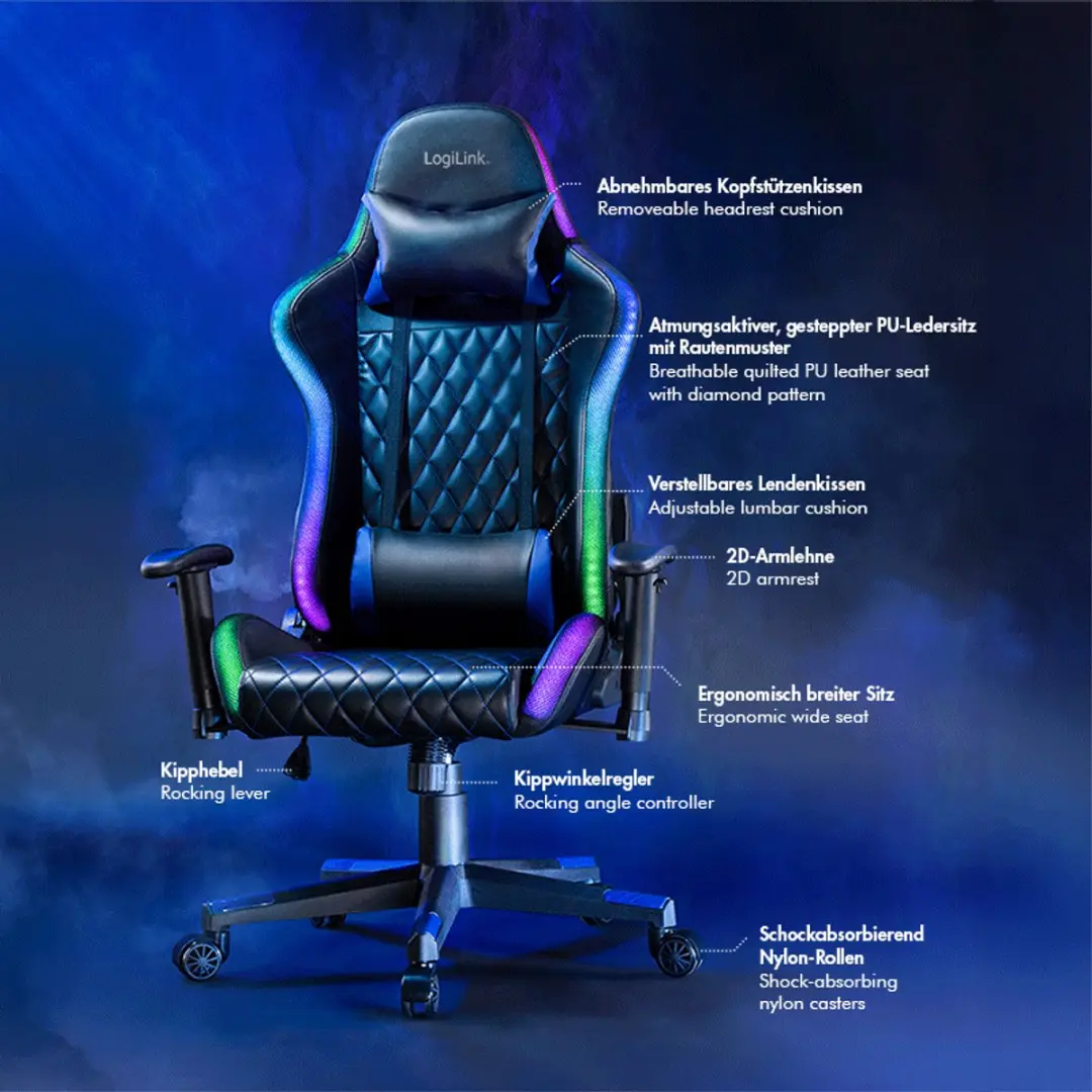 Logilink EO0076 Gamingstoel - RGB-verlichting - Zwart