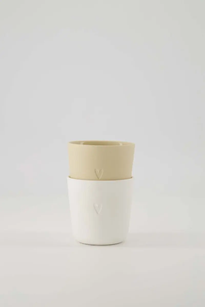 Zusss Set Van 2 Koffiemokken Hartje - Keramiek 230ml - Wit/Zand