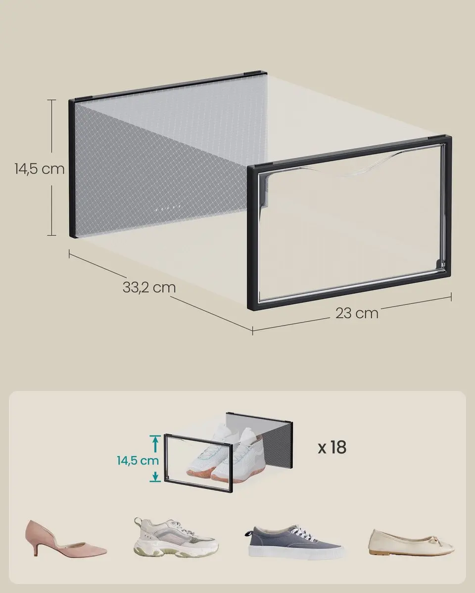 Songmics Schoenenkast Transparant-Inktzwart - 18 Stuks
