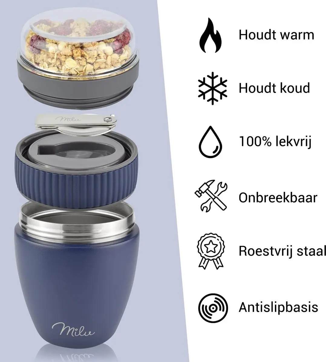 Milu Muesli Beker To Go 400ml - Marineblauw - afbeelding 2 van 6