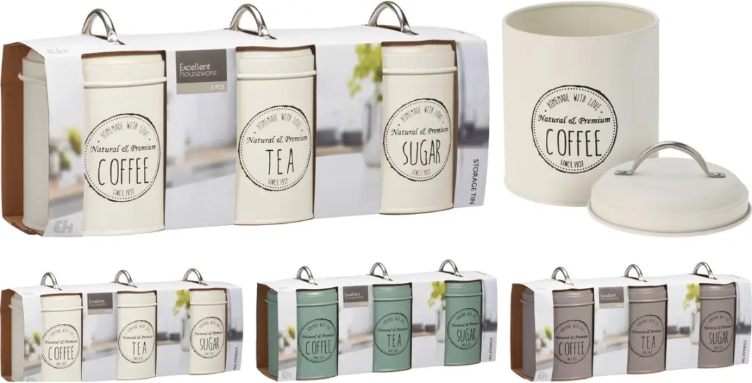 Excellent Houseware Keuken Voorraadblikken 3 Stuks - 1L - Wit - Vintage - afbeelding 3 van 5